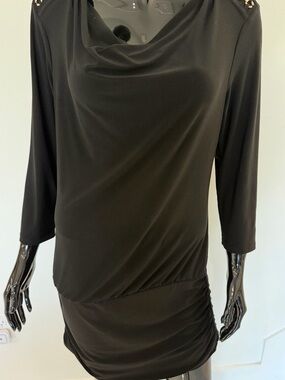 White House Black Market Black Cowl Neck Long Sleeve Ruched Hem Dress